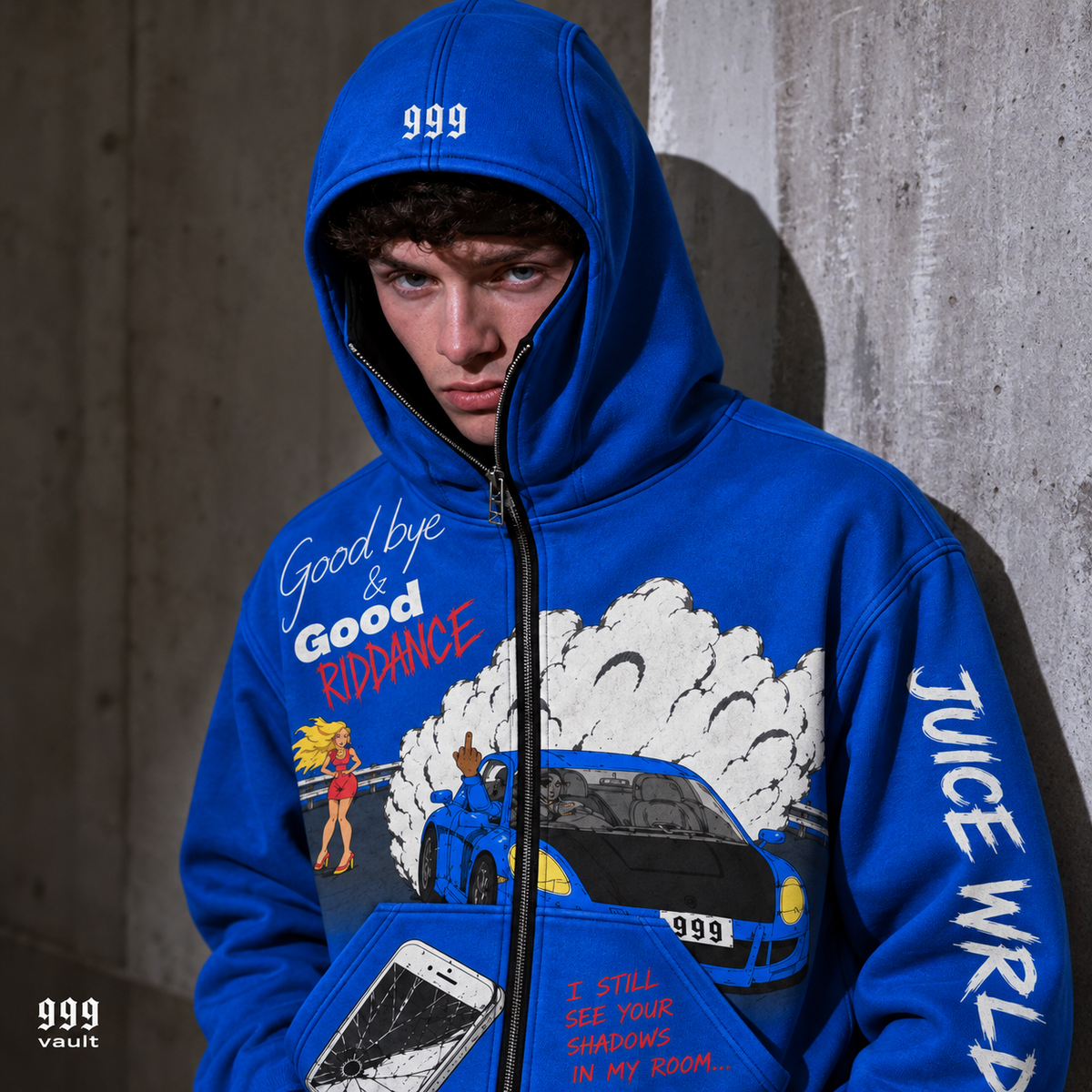 Model wearing the blue 999 vault Juice WRLD hoodie with face zip open