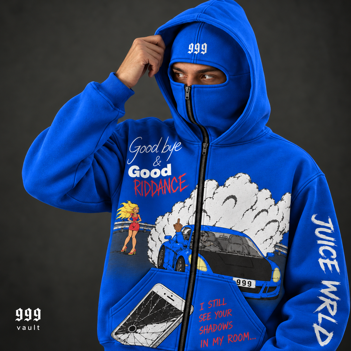 Model wearing the blue 999 vault full zip hoodie with hood zipped up