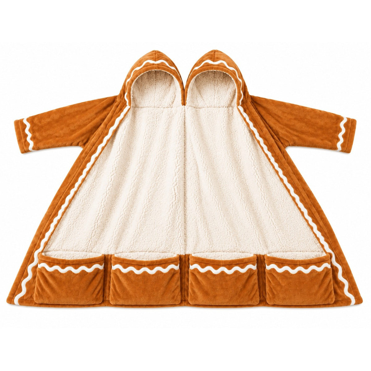 CozyGinger Robe for 2 laid flat showing two hoods and four pockets