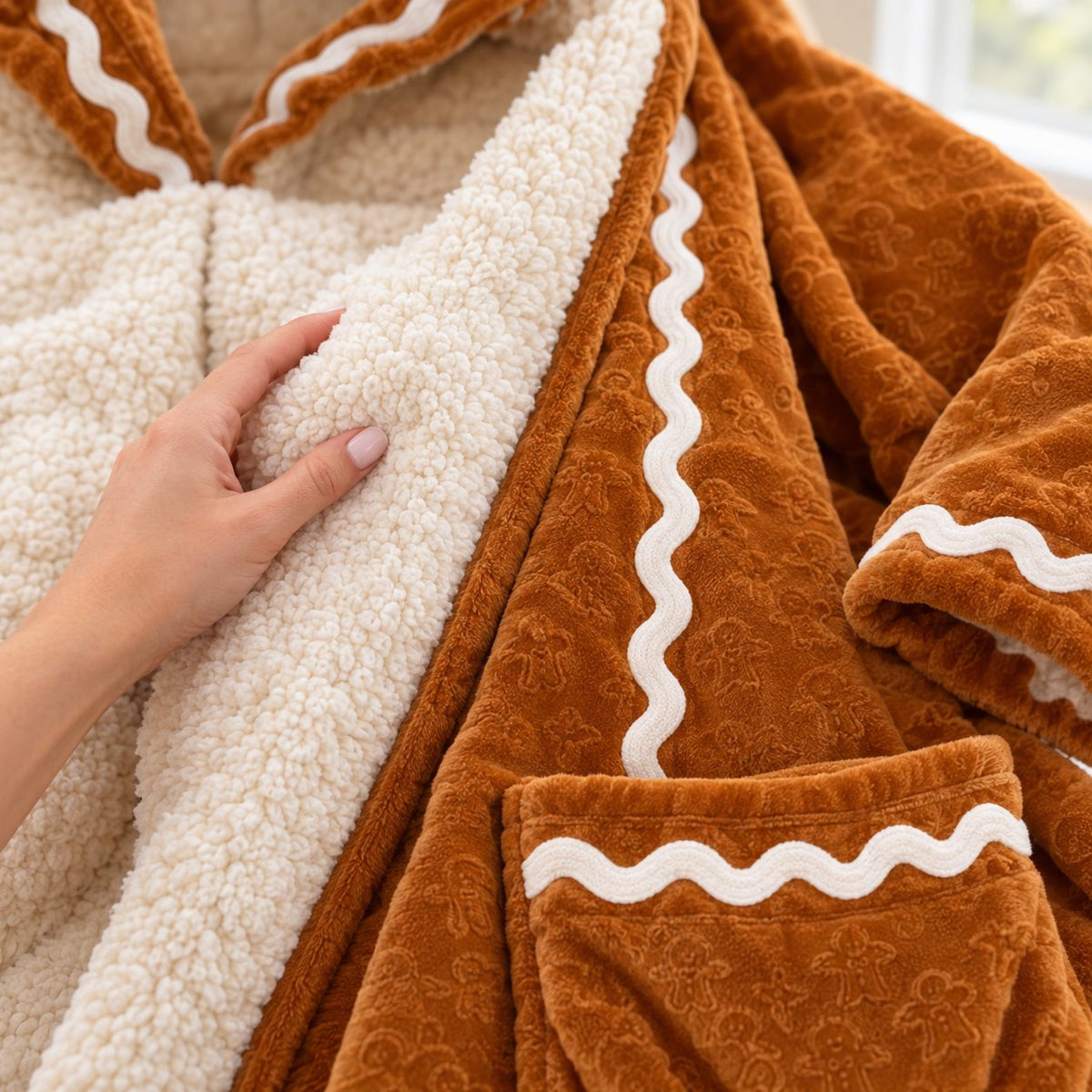 Close-up of the sherpa lining and icing trim